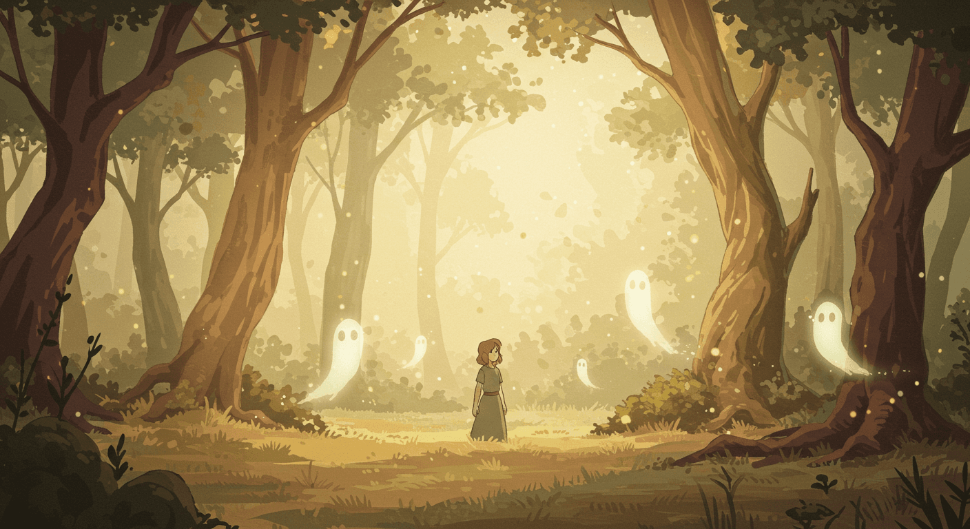 A magical forest with spirits